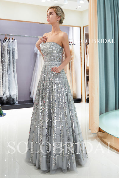 Grey Shiny Square Lace Prom Dress