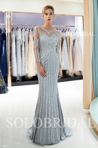 Grey Luxury Beaded Prom Dress with Court Train