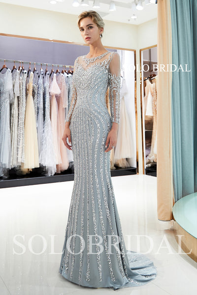 Grey Luxury Beaded Prom Dress with Court Train