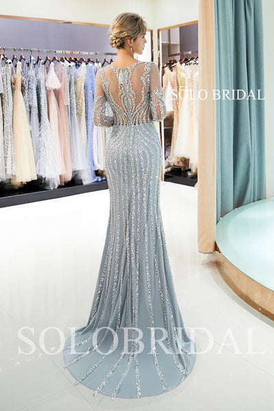 Grey Luxury Beaded Prom Dress with Court Train