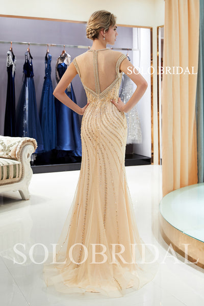 Champagne Shiny Fit and Flare Prom Dress with Sweep Train