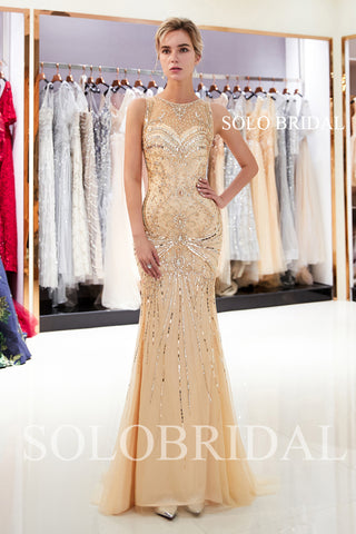 Champagne Shiny Sheath Prom Dress with Sweep Train