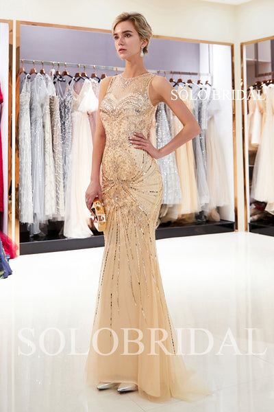 Champagne Shiny Sheath Prom Dress with Sweep Train