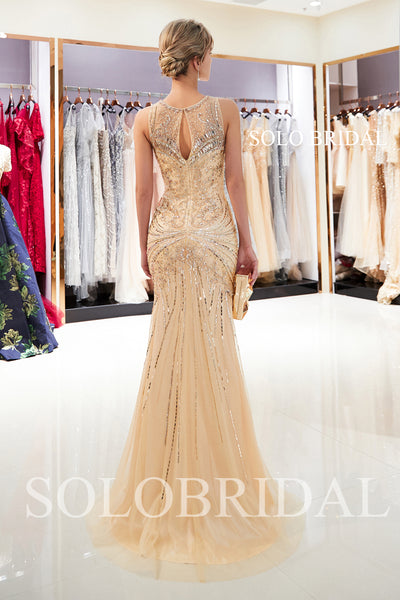Champagne Shiny Sheath Prom Dress with Sweep Train