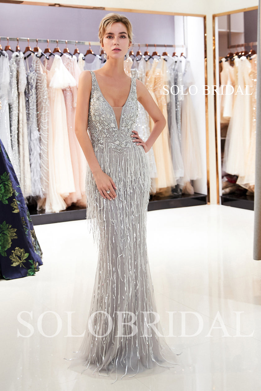 Grey Feather Sheath Shiny Prom Dress with Sweep Train