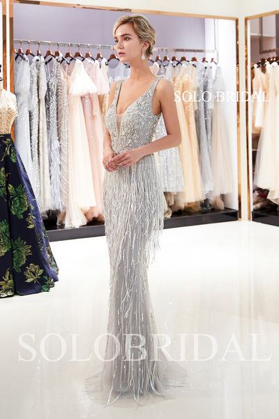 Grey Feather Sheath Shiny Prom Dress with Sweep Train