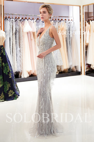 Grey Feather Sheath Shiny Prom Dress with Sweep Train