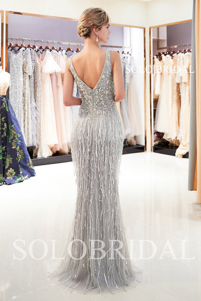 Grey Feather Sheath Shiny Prom Dress with Sweep Train