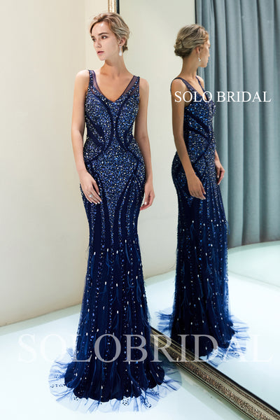 Blue Diamond Shiny Feather Prom dress with Sweep Train