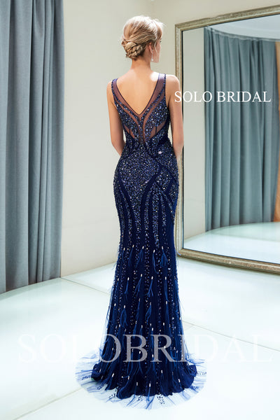 Blue Diamond Shiny Feather Prom dress with Sweep Train
