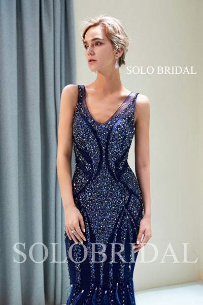 Blue Diamond Shiny Feather Prom dress with Sweep Train