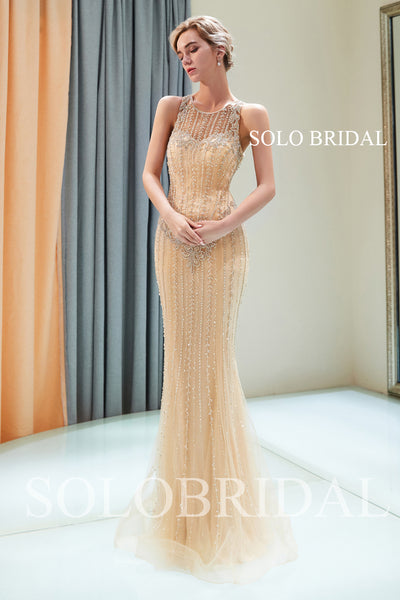 Champagne Sheath Beaded Prom Dress with Sweep Train
