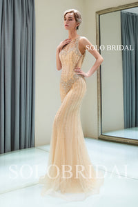 Champagne Sheath Beaded Prom Dress with Sweep Train