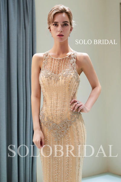 Champagne Sheath Beaded Prom Dress with Sweep Train