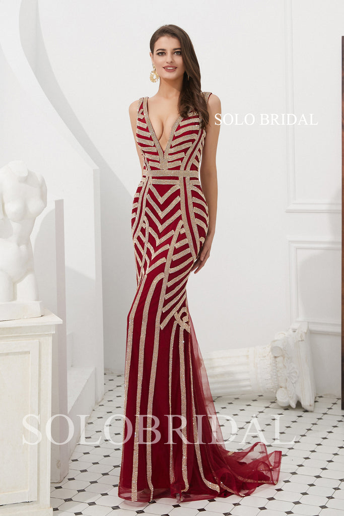 Wine Red Shiny Tulle Fitted Prom Dress SoloBridal Wine Red Shiny Tulle Fitted Prom Dress SoloBridal