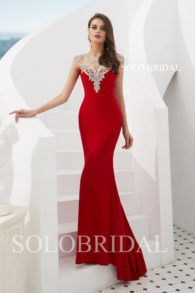 Red Fit and Flare Crepe Prom Dress
