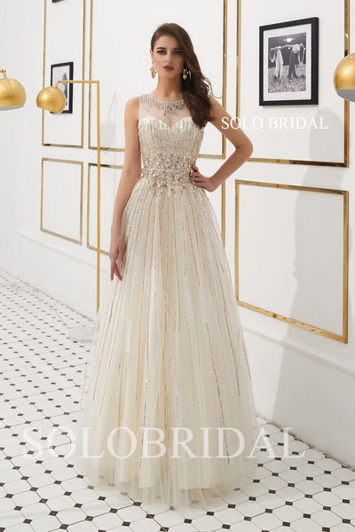 Light Champagne Gold Beading Lines Prom Dress