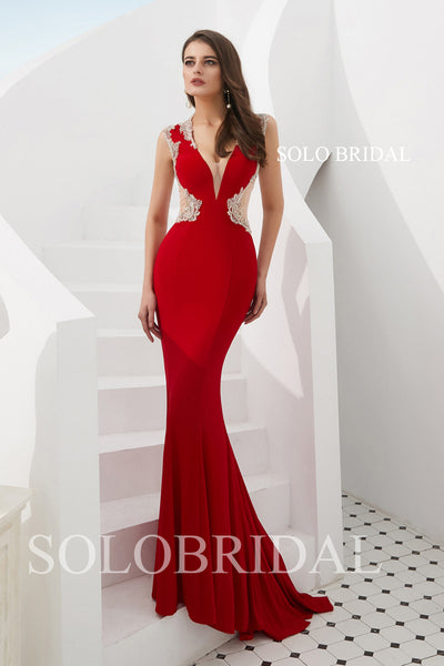 Red Fitted Crepe Prom Dress