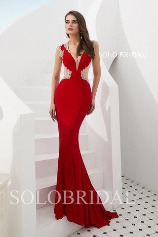 Red Fitted Crepe Prom Dress