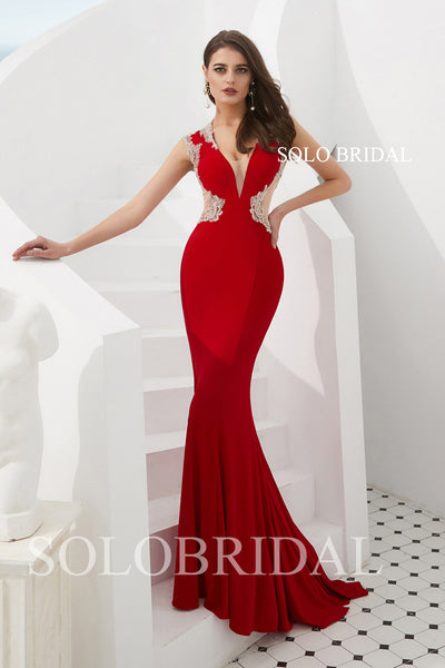 Red Fitted Crepe Prom Dress