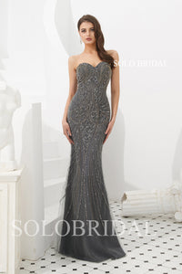 Strapless Dark Grey Beading Prom Dress