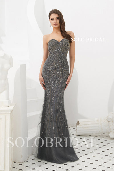 Strapless Dark Grey Beading Prom Dress