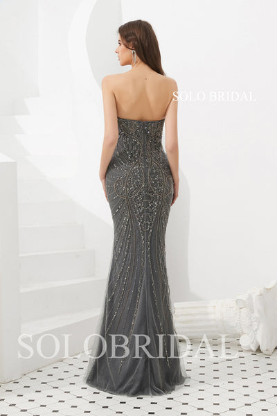 Strapless Dark Grey Beading Prom Dress