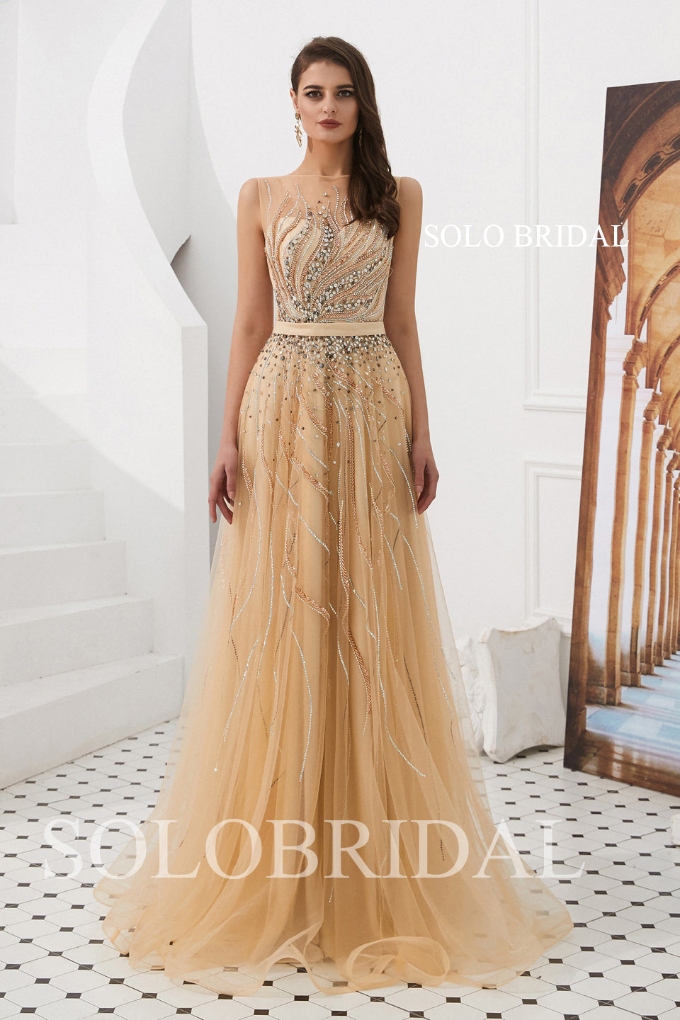 A Line Champagne Tulle Prom Dress