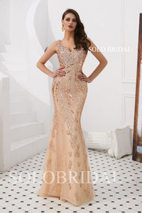 Rose Gold Fit and Flare Beading Prom Dress