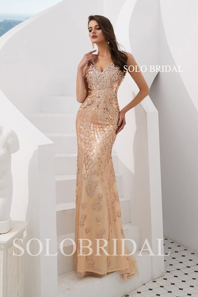 Rose Gold Fit and Flare Beading Prom Dress
