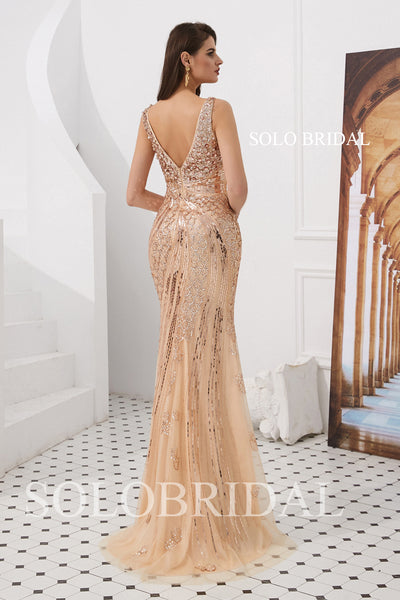 Rose Gold Fit and Flare Beading Prom Dress