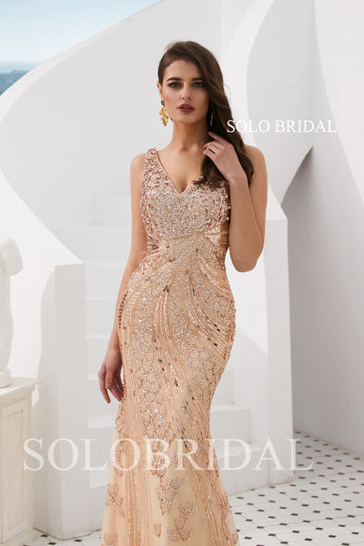 Rose Gold Fit and Flare Beading Prom Dress