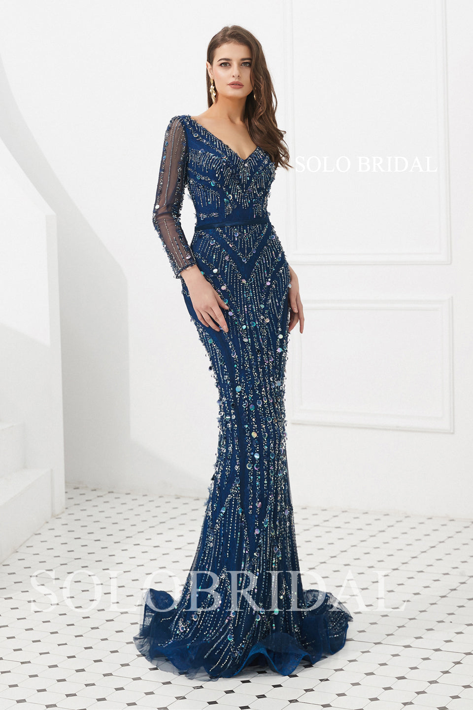 Blue Sheath Diamond Prom Dress SoloBridal
