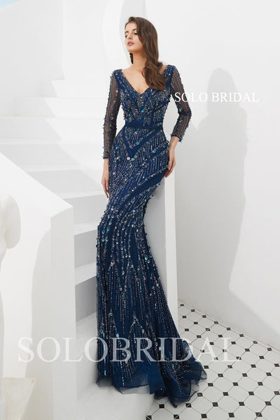 Blue Sheath Diamond Prom Dress