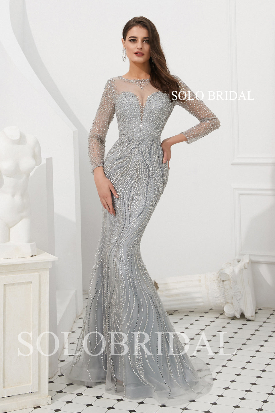 Grey/Gold Fit and Flare Beaded Prom Dress