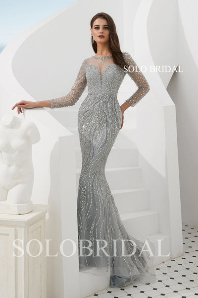 Grey/Gold Fit and Flare Beaded Prom Dress