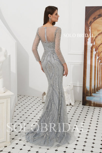 Grey/Gold Fit and Flare Beaded Prom Dress