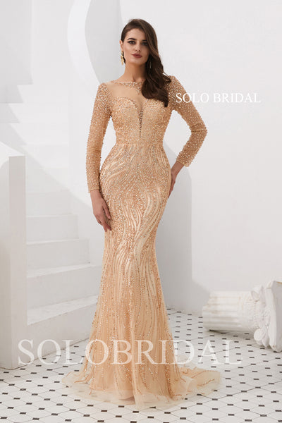 Grey/Gold Fit and Flare Beaded Prom Dress