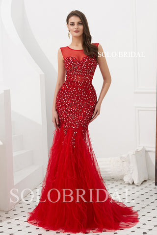 Red Fit and Flare Feather Prom Dress