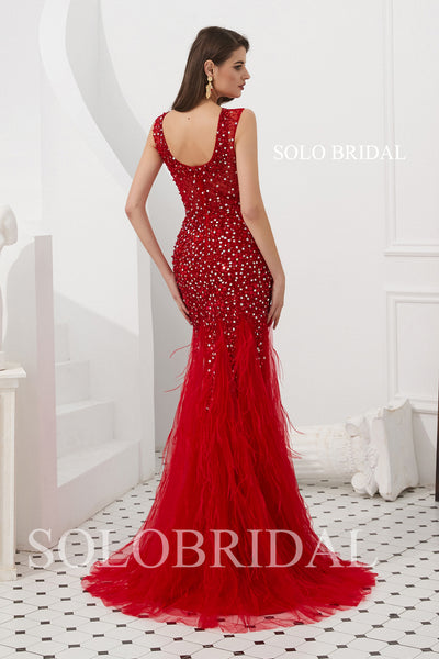 Red Fit and Flare Feather Prom Dress