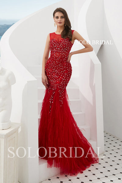 Red Fit and Flare Feather Prom Dress