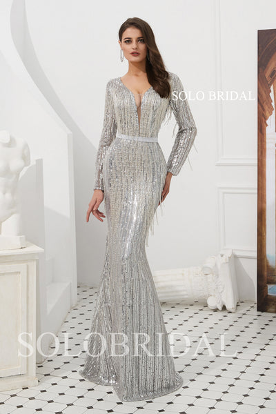 Silver Sequin Feather Fit and Flare Prom Dress