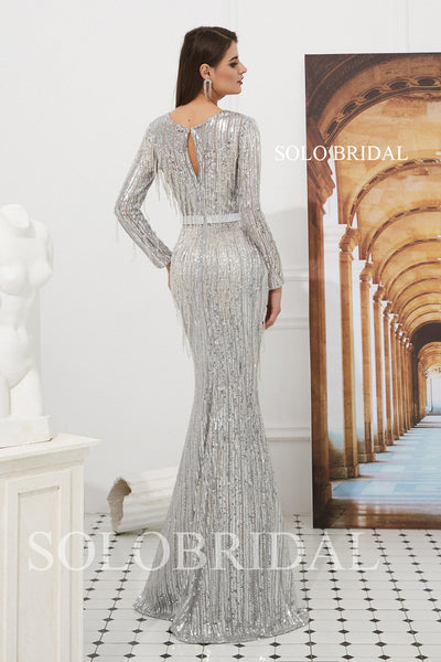 Silver Sequin Feather Fit and Flare Prom Dress
