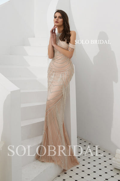 Blush Pink Beading Halter Prom Dress