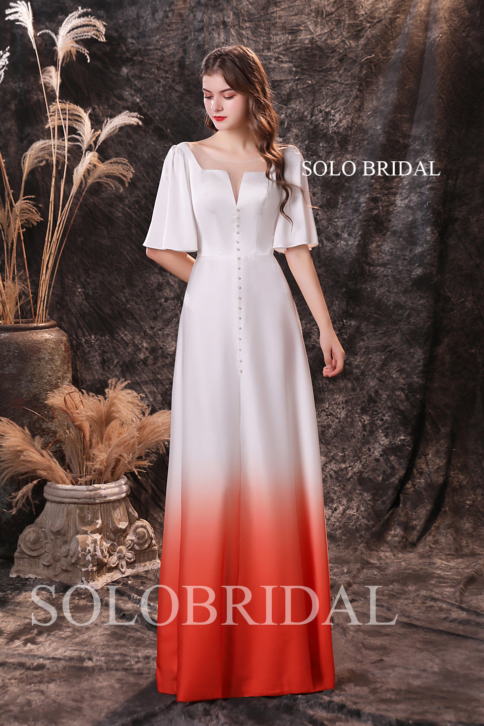 White red gradient loose sleeves floor length silk satin evening dress S184541