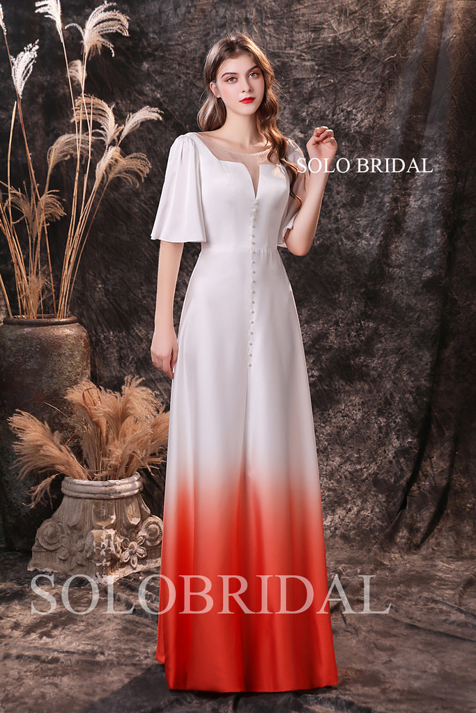 White red gradient loose sleeves floor length silk satin evening dress SoloBridal