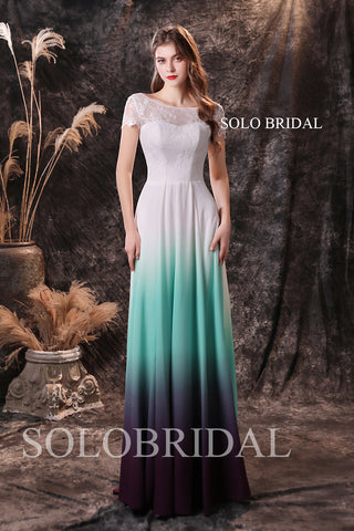 Ivory lace top green gradient purple chiffon floor bridesmaid dresses S194581