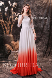 Ivory lace bodice gradient red satin prom dress with three quarter sleeves S244531