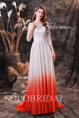 Ivory lace bodice gradient red satin prom dress with three quarter sleeves S244531