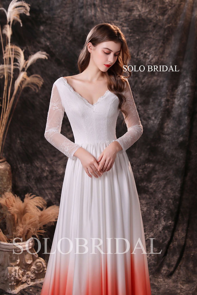 Ivory V neck lace top skirt ivory satin gradient red bridesmaid dresse SoloBridal Ivory V neck lace top skirt ivory satin gradient red bridesmaid dresse SoloBridal